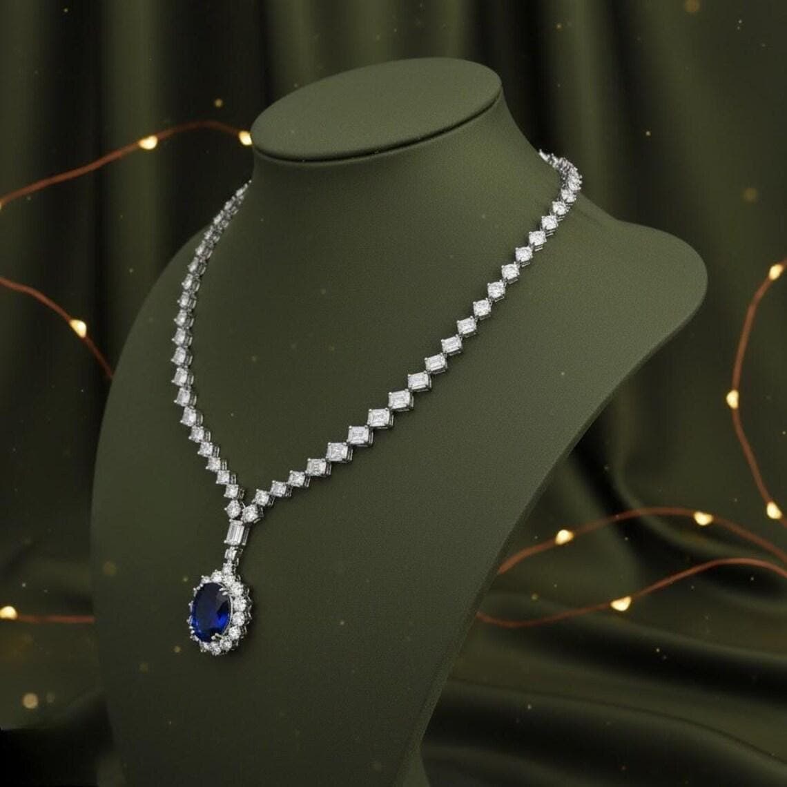 14K White Gold Plated Blue Sapphire Diamond Necklace — View 4