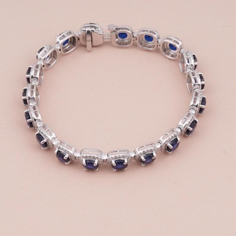 Oval Blue Sapphire Tennis Bracelet with Diamond Halo — View 4