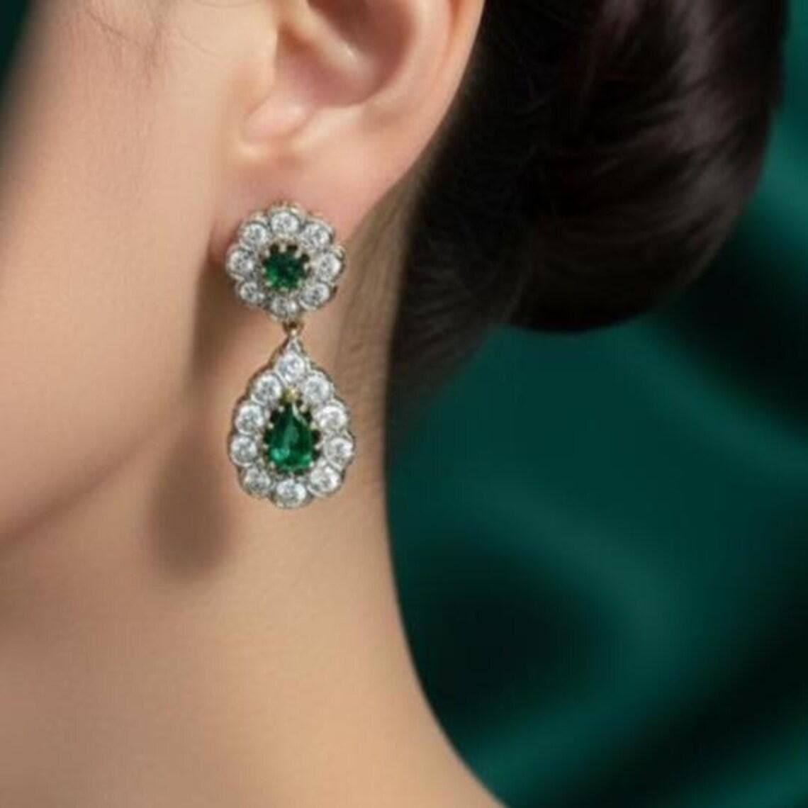 Victorian Emerald Diamond Drop Earrings — View 4