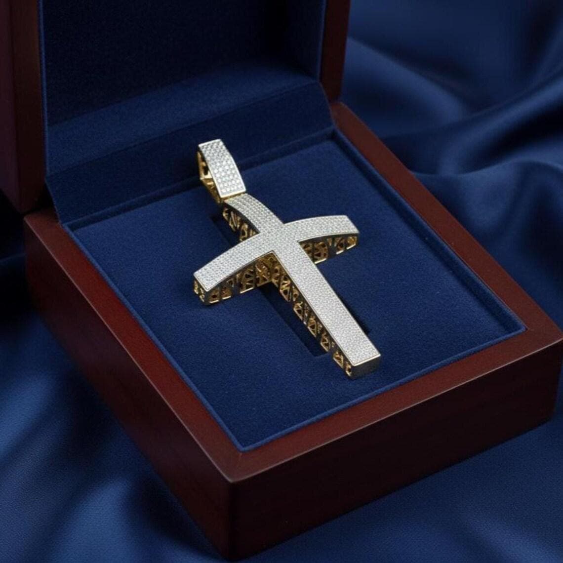 Men's Moissanite/Diamond Cross Pendant 14k Gold Plated Silver — View 3