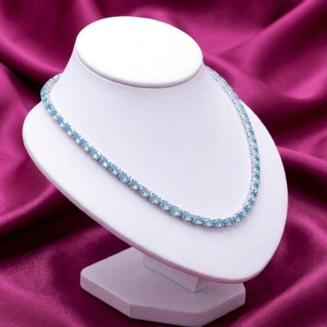 Ice Blue Oval Cut Aquamarine Tennis Necklace — View 6