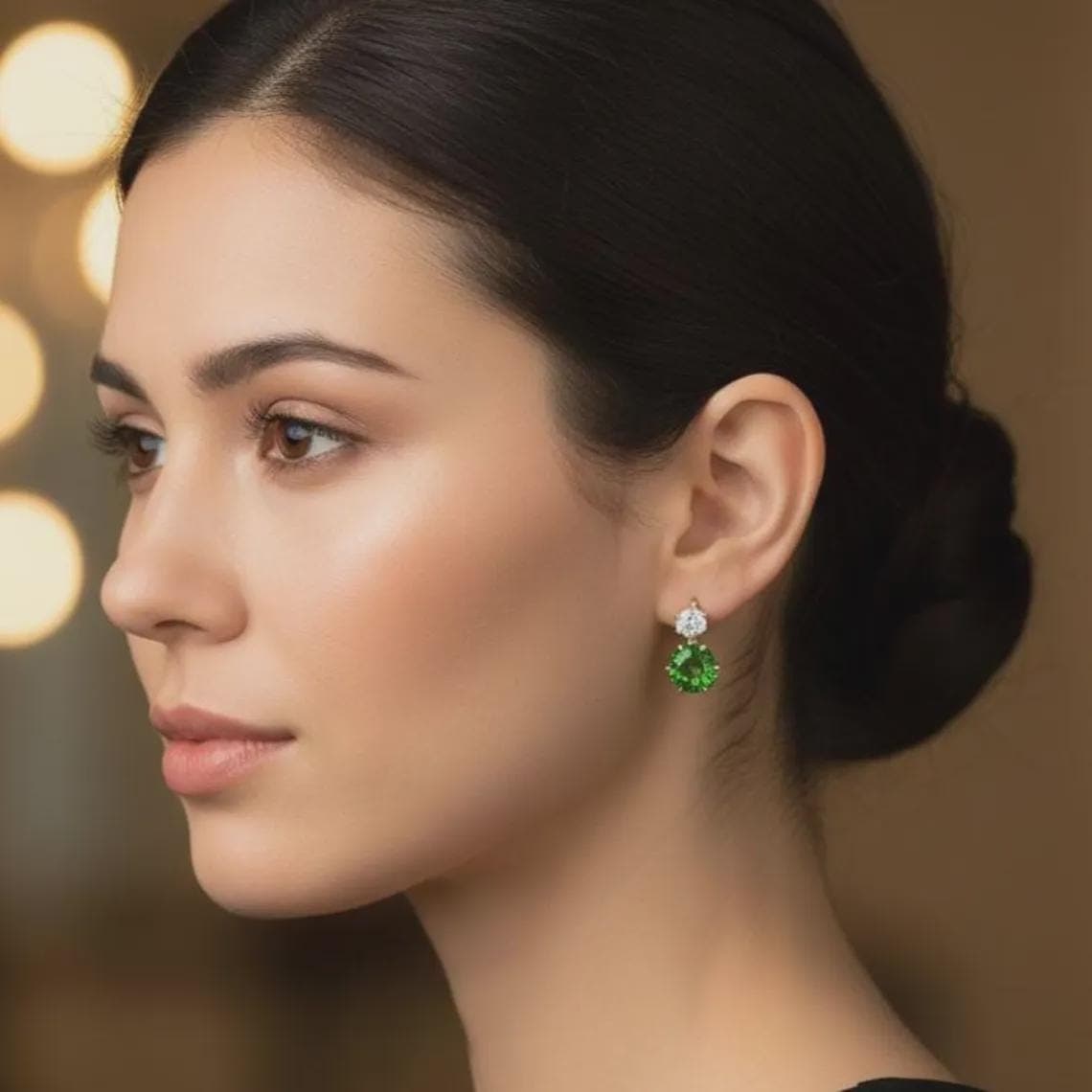Round Cut Green Emerald Drop Earrings — View 3