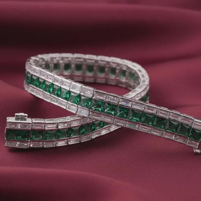 Elegant Emerald and Diamond Tennis Bracelet Double Row — View 3