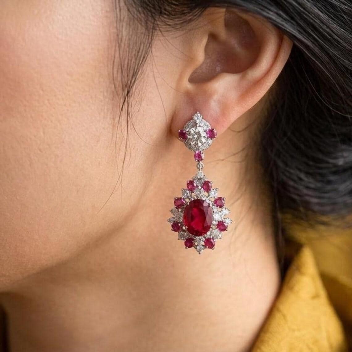 Vintage Oval Ruby Drop Earrings for Women's — View 4
