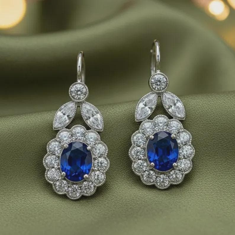 Blue Sapphire Diamond Halo Drop Earrings