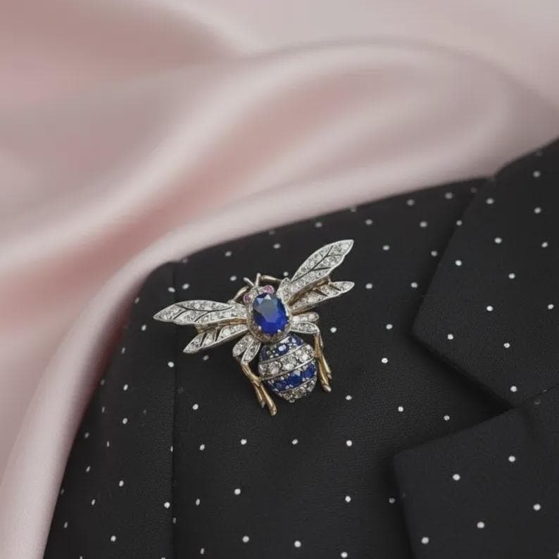 Elegant Sapphire & Diamond Bee Brooch — View 3