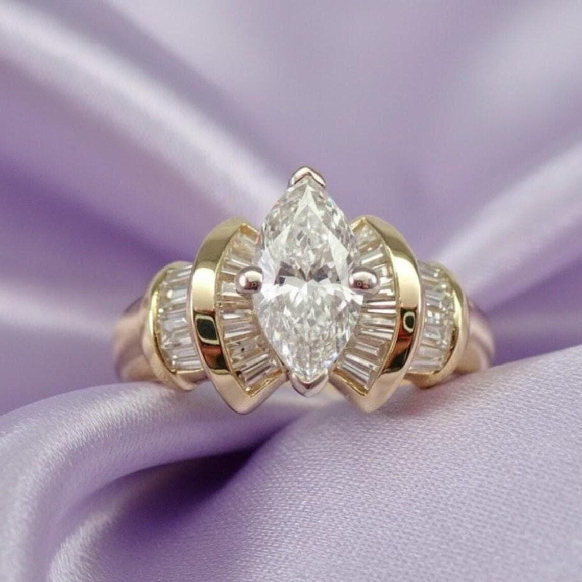 Marquise & Baguette Diamond Moissanite Engagement Ring 14K