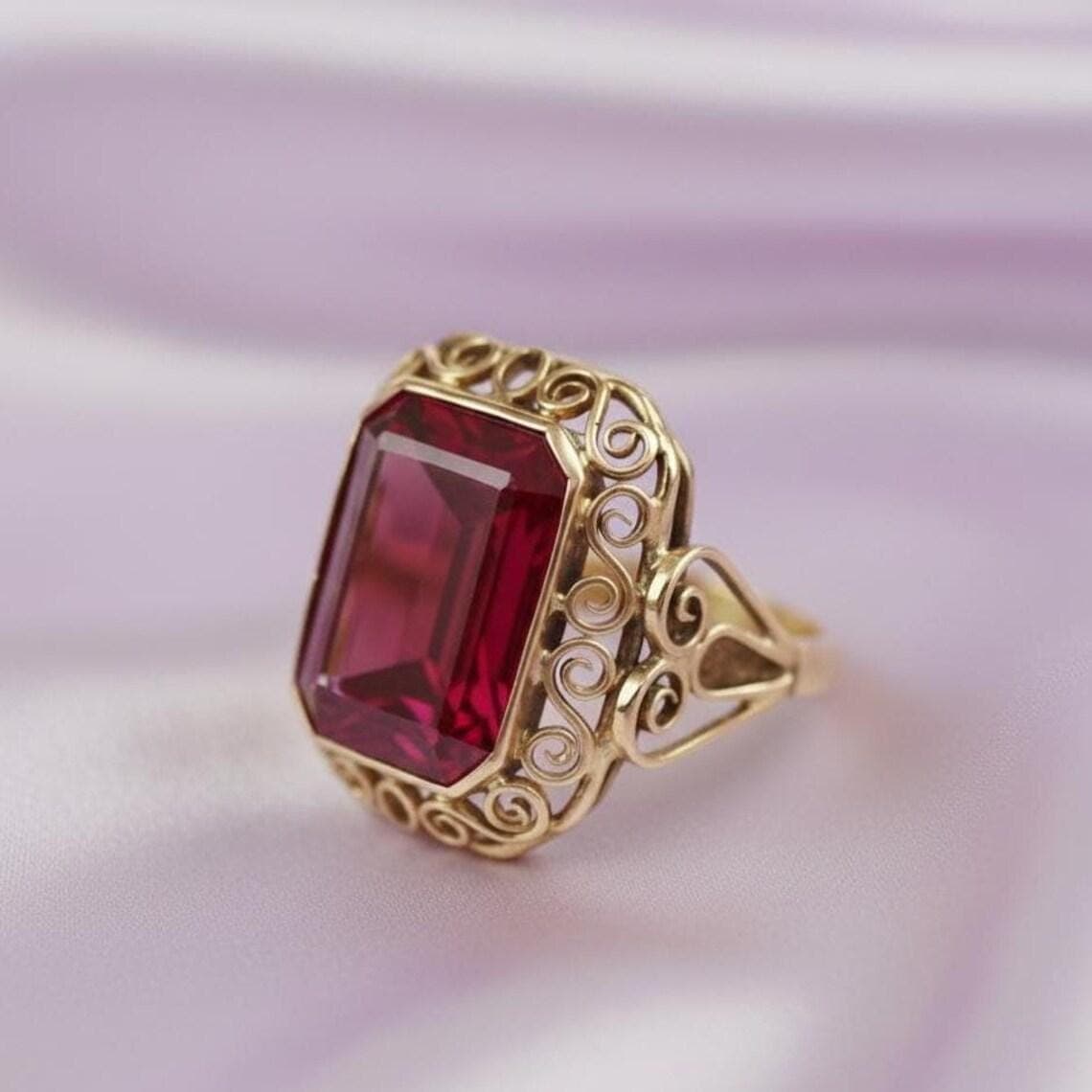 14K Gold Plated Victorian Bold Red Ruby Solitaire