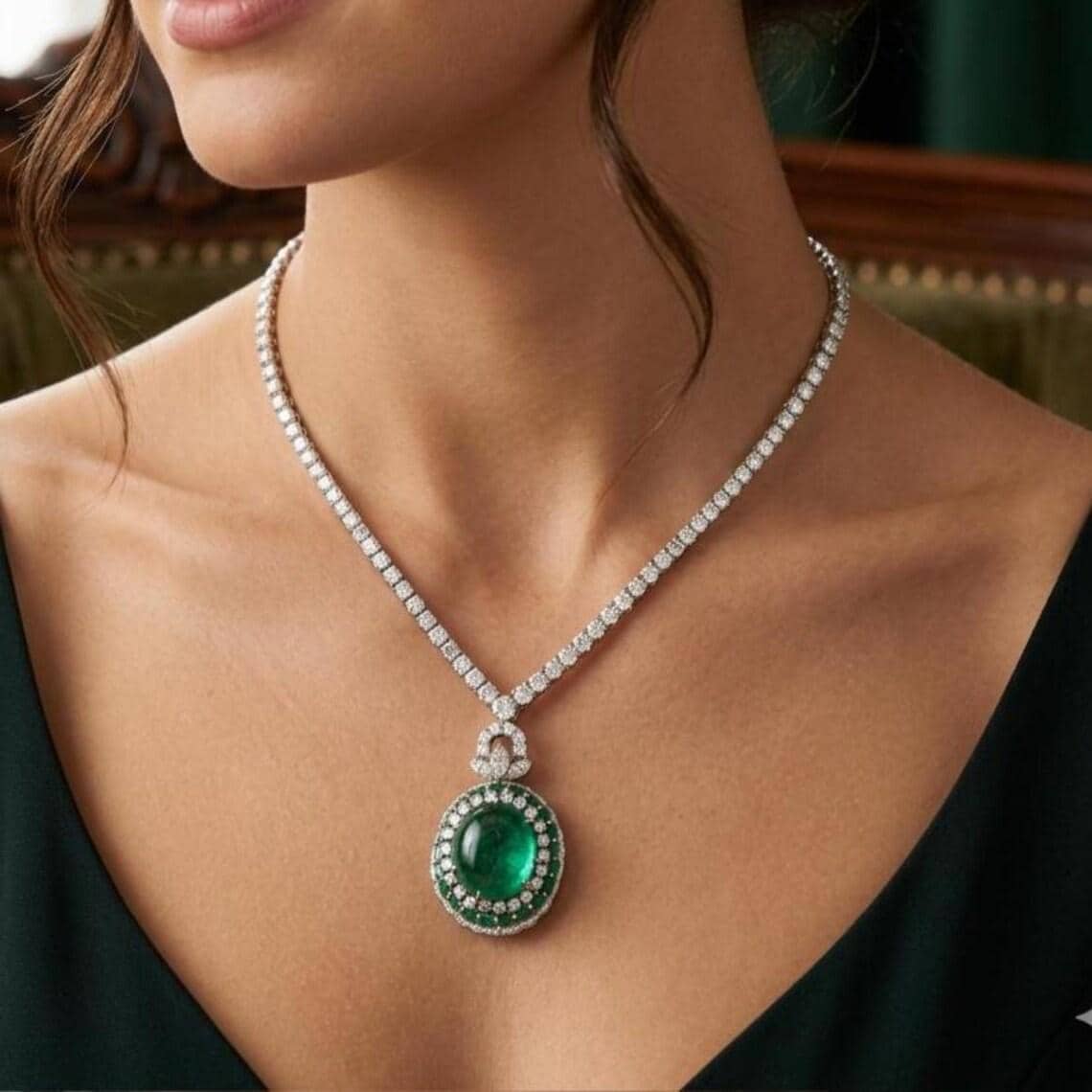 Vintage Cabochon Emerald Necklace for Women's